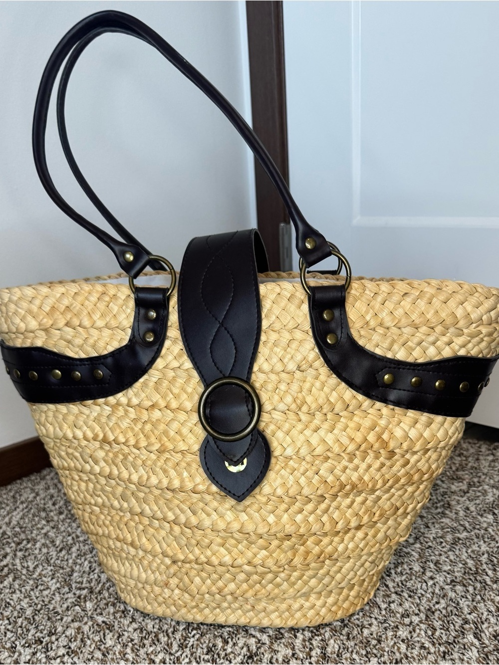 Large Woven Straw Tote Bag Black Faux Leather Trim Beach Market Boho Bag